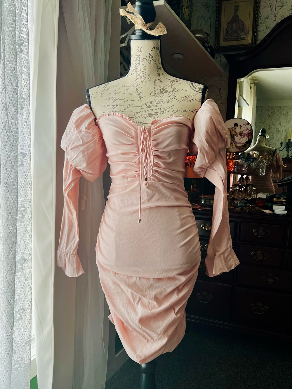 Fashion Nova Blush Pink Ruched Lace-Up Off-Shoulder Dress